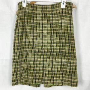 Theory Lime Green Plaid Tweed Wool Blend Knee Length Pencil Skirt Size 12